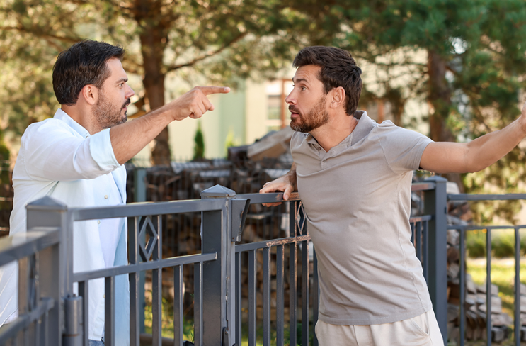 Two men arguing in a neighborhood, one pointing at the other, both in a HOA attorney / HOA law dispute