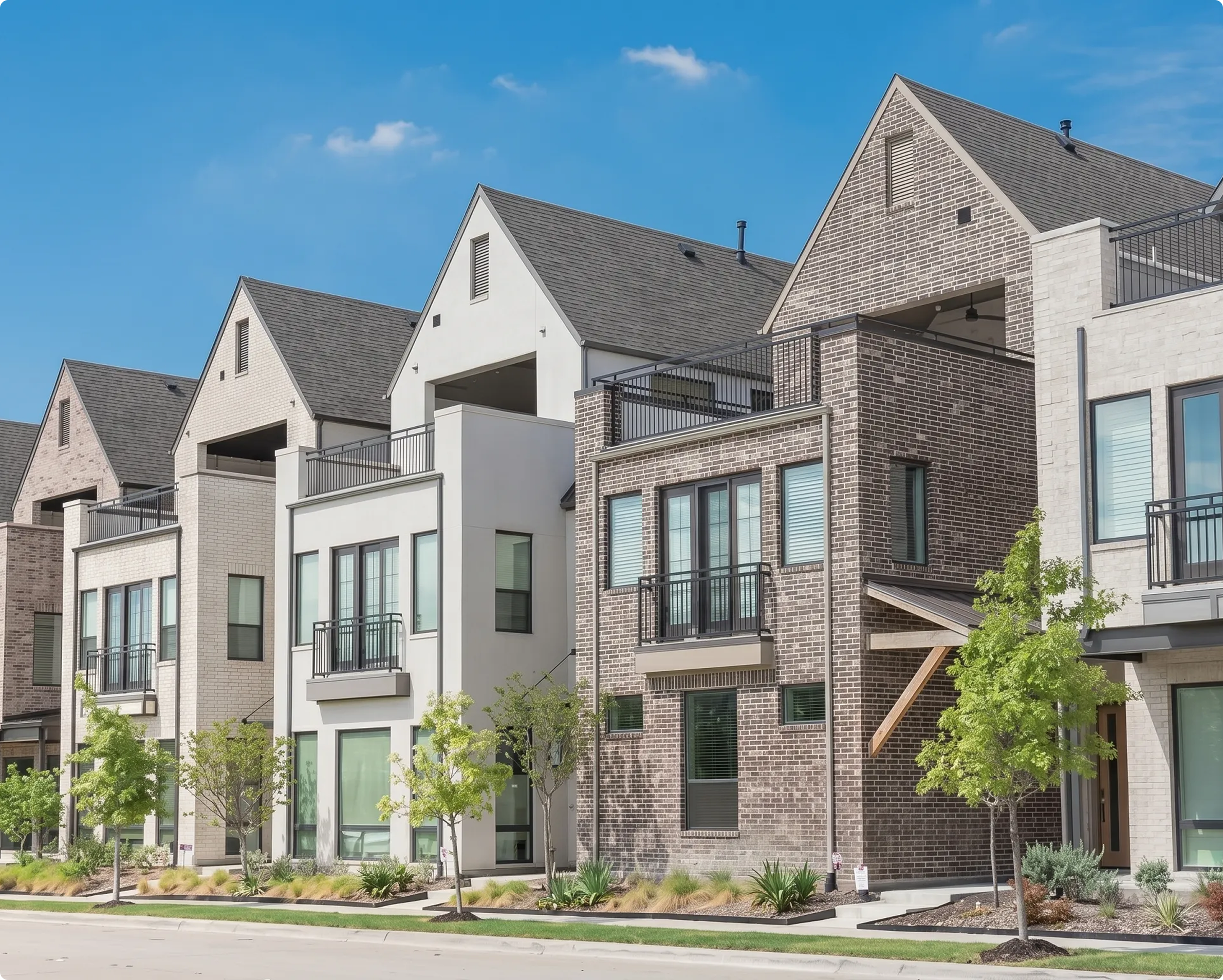 HOA attorney / HOA law A row of modern houses with a blue sky in the background
