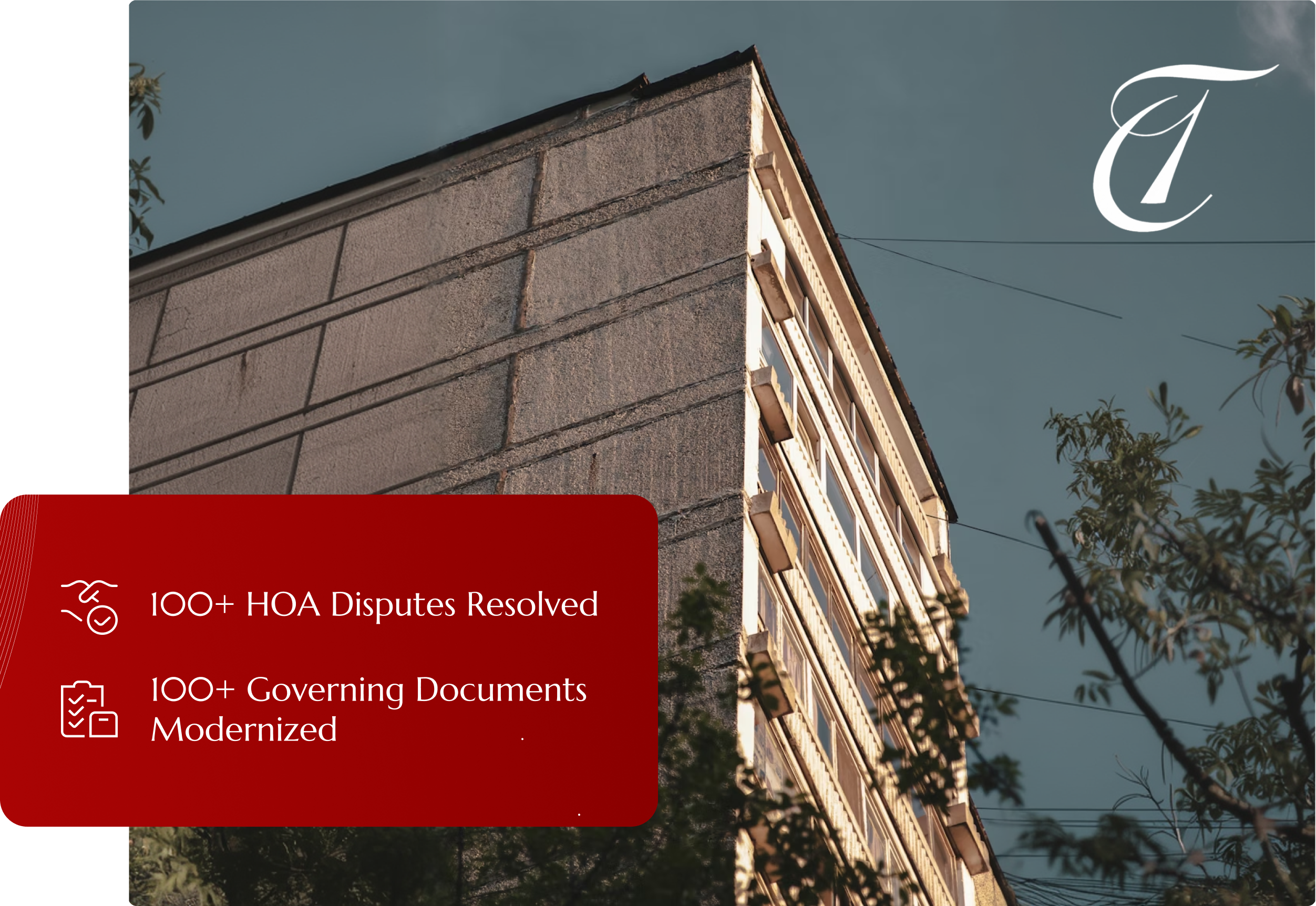 HOA attorney / HOA law A building with a red box in the corner listing 100+ HOA disputes resolved and 100+ governing